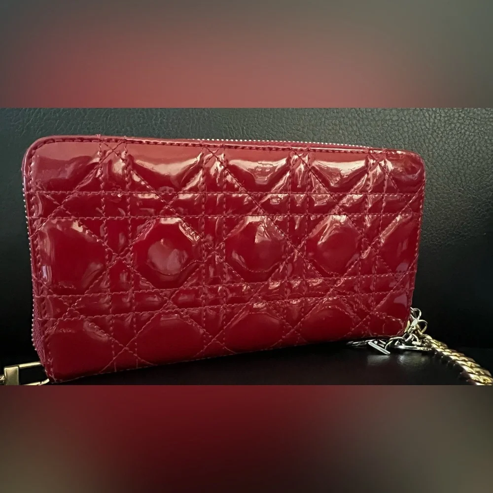Christian Dior Red Long Zippy Wallet with Crossbody Chain